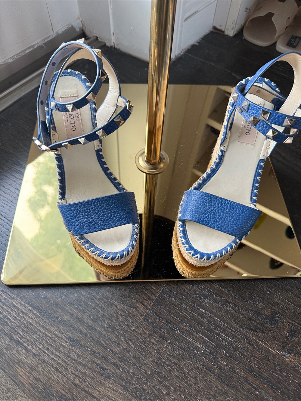 Valentino Blue Leather Rockstud Espadrille Wedges